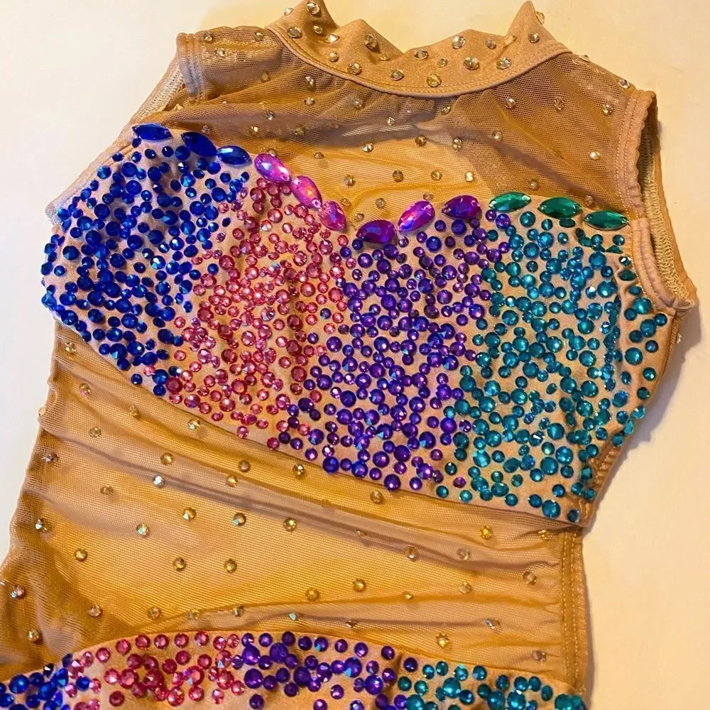 AA dance design costume solo tan beige nude illusion custom rhinestone ombre S